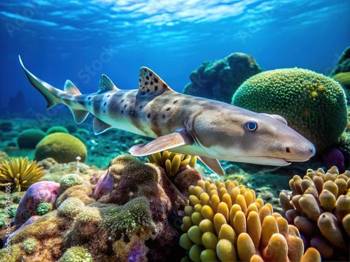 A slow-moving bamboo shark glides through coral reefs, its slender body undulating as it sniffs out small prey in warm, tropical waters.