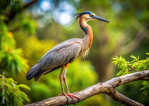 A stately bird with an extended neck and a foul-smelling defense mechanism perches on a branch, surveying its surroundings with a discerning eye.