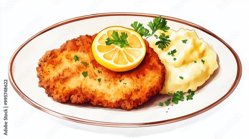 Crispy fried chicken with lemon and mashed potatoes on a white plate. Crispy fried chicken with lemon and mashed potatoes on a white plate.