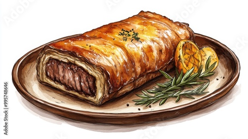 Delicious beef wellington on a wooden plate with herbs and orange slices. photo