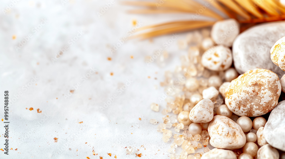 A serene background showcasing smooth pebbles and lustrous pearls artistically placed on a soft sandy surface, with subtle golden hues adding elegance A serene background showcasing smooth pebbles and lustrous pearls artistically placed on a soft sandy surface, with subtle golden hues adding elegance
