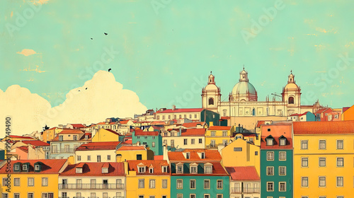 Lisbon, Portugal, color pen pencil hand-drawn effect drawing illustration for travel poster, card, wallpaper, backdrop or banner. Modern, clear, artistic and simple