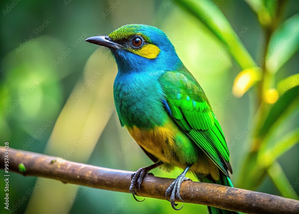 A vibrant emerald green bird, marked with bright blue and yellow, sits amidst lush foliage, bathed in sun-dappled forest clearing. A vibrant emerald green bird, marked with bright blue and yellow, sits amidst lush foliage, bathed in sun-dappled forest clearing.