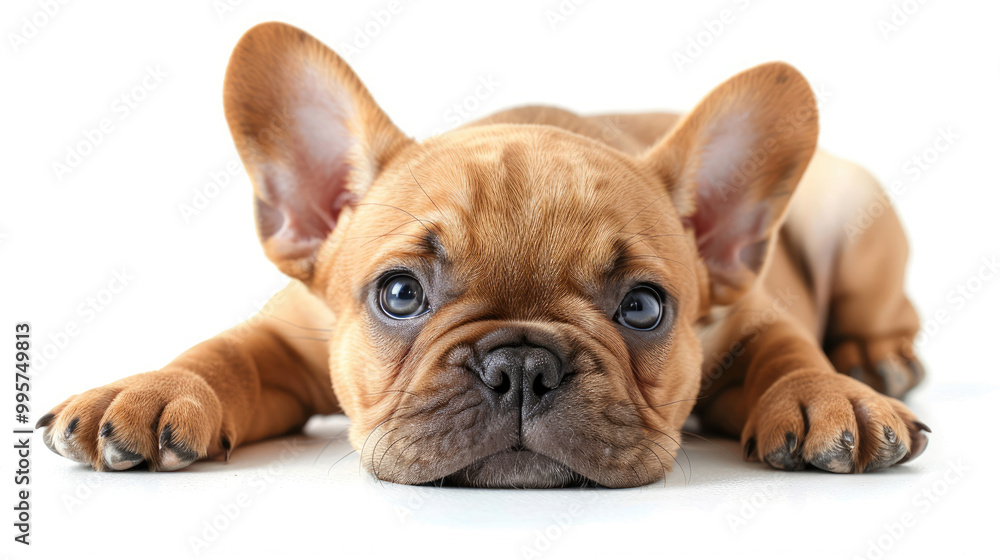 young cute French Bulldog puppy sitting lying down while looking forward isolated on white background young cute French Bulldog puppy sitting lying down while looking forward isolated on white background