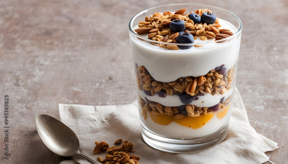 A hearty granola parfait layered in a glass with yogurt, Ai Generated A hearty granola parfait layered in a glass with yogurt, Ai Generated