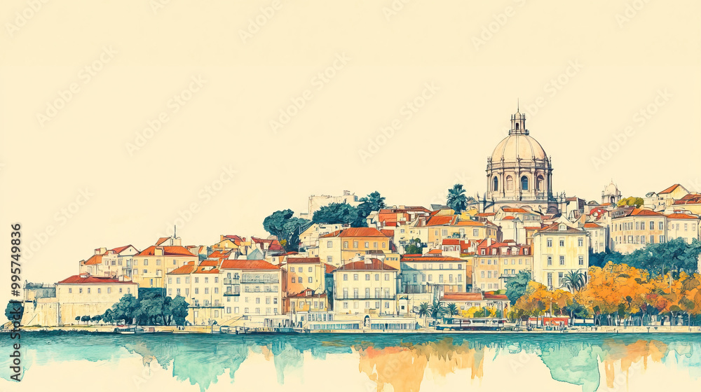 Obraz premium Lisbon, Portugal, color pen pencil hand-drawn effect drawing illustration for travel poster, card, wallpaper, backdrop or banner. Modern, clear, artistic and simple