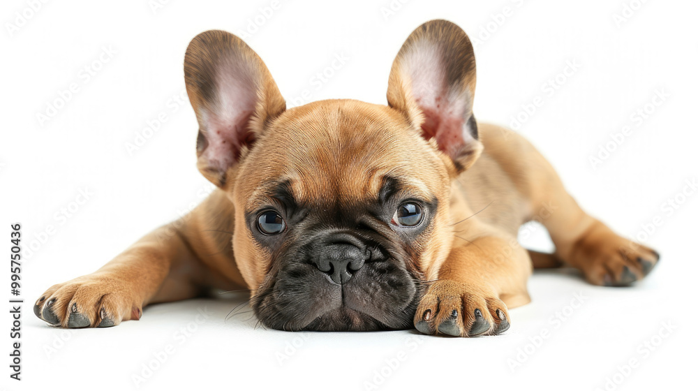 young cute French Bulldog puppy sitting lying down while looking forward isolated on white background young cute French Bulldog puppy sitting lying down while looking forward isolated on white background