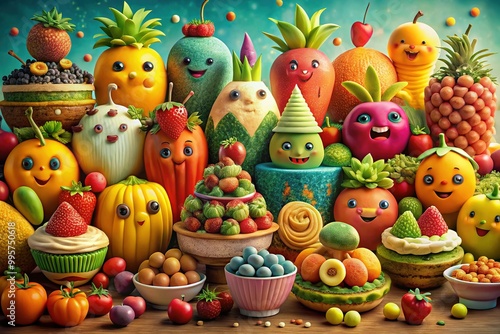 A whimsical illustration of anthropomorphic fruits and veggies surrounding colorful sweets, adorned with playful scribbles and textures for added visual depth and curiosity.