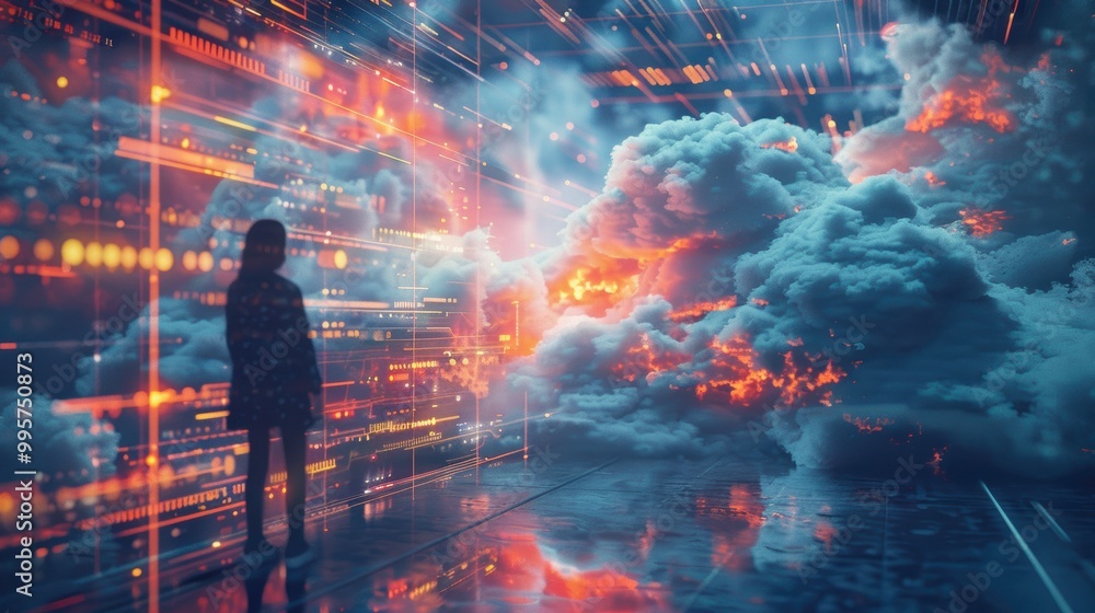 Close-up of a cloud migration process, digital files transitioning seamlessly into abstract cloud structures, professionals interacting with holographic displays in a high-tech office, data streams Close-up of a cloud migration process, digital files transitioning seamlessly into abstract cloud structures, professionals interacting with holographic displays in a high-tech office, data streams