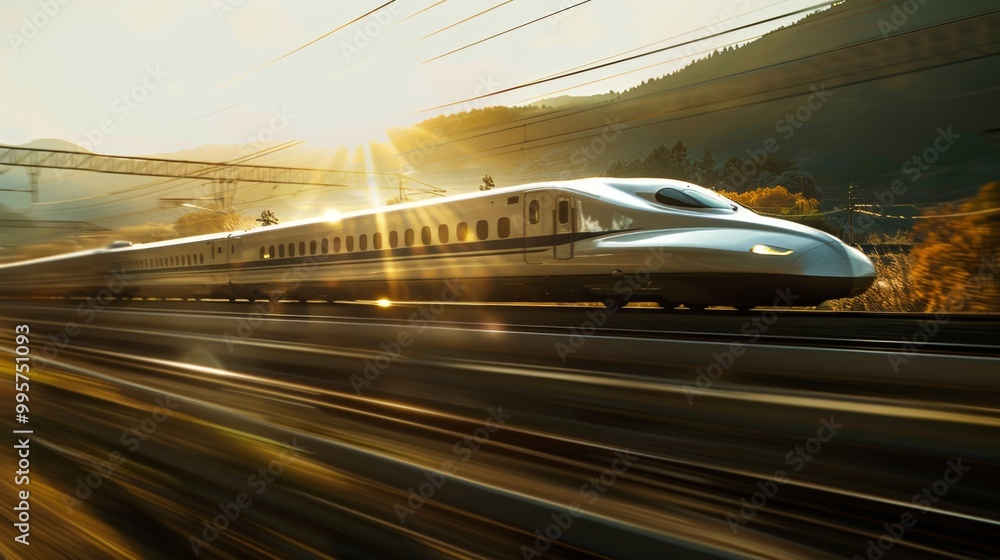 High-Speed Train Passing Through Mountainous Landscape at Sunset High-Speed Train Passing Through Mountainous Landscape at Sunset