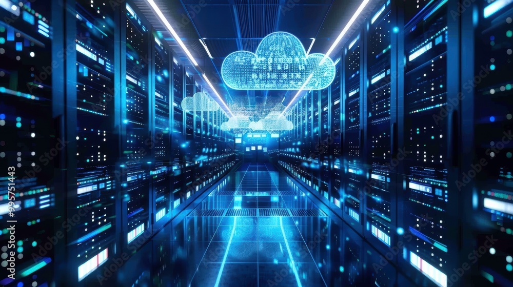 Fototapeta premium Close-up of a futuristic data center with sleek server racks glowing in blue LED lights, digital cloud symbols floating above, representing cloud computing and data integration