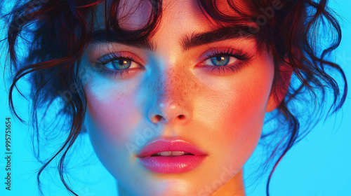 The young woman displays vibrant makeup, highlighted features, and playful curls set against a bright blue background, creating a captivating portrait