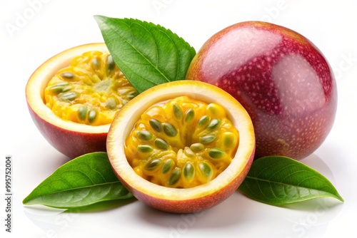 Whole passion fruit showcases its bright yellow skin and lush green leaves, creating a vibrant contrast against a