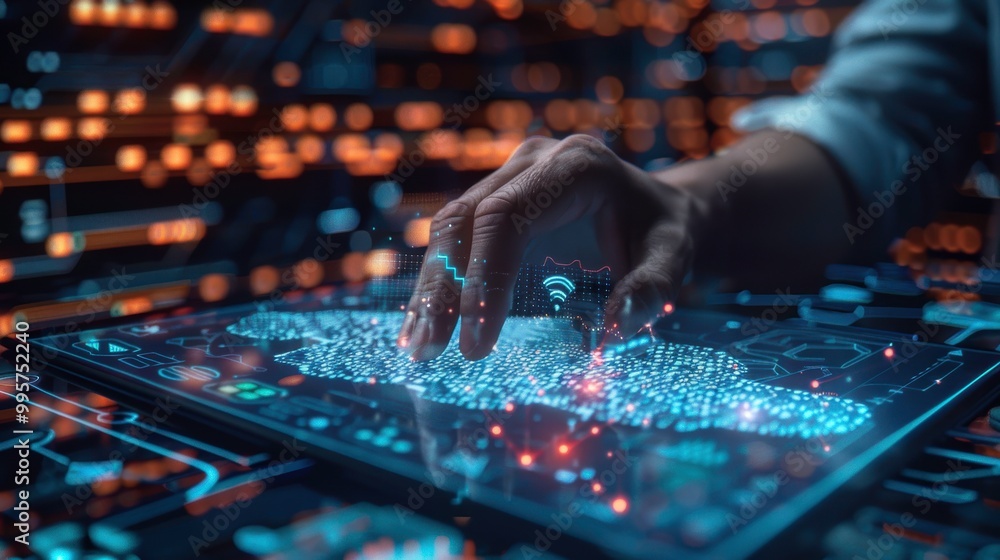 Close-up of a professional managing a cloud orchestration system, using a digital tablet with holographic interfaces, abstract layers of cloud infrastructure surrounding, automation and Close-up of a professional managing a cloud orchestration system, using a digital tablet with holographic interfaces, abstract layers of cloud infrastructure surrounding, automation and