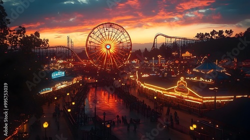 Captivating Silhouetted Thrill Rides at Dusk in Amusement Park