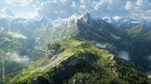 A panoramic view from the highest peak. Scenic views on mountain peaks