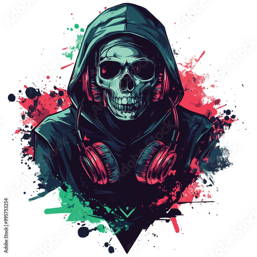 A vector t-shirt design od A skull wearing headphones and a hoodie with dripping