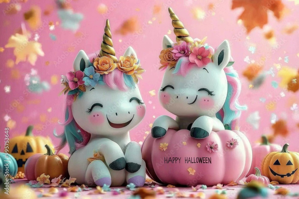 Cute pastel unicorns with flowers and pumpkins in a whimsical Halloween scene Generative AI Cute pastel unicorns with flowers and pumpkins in a whimsical Halloween scene Generative AI