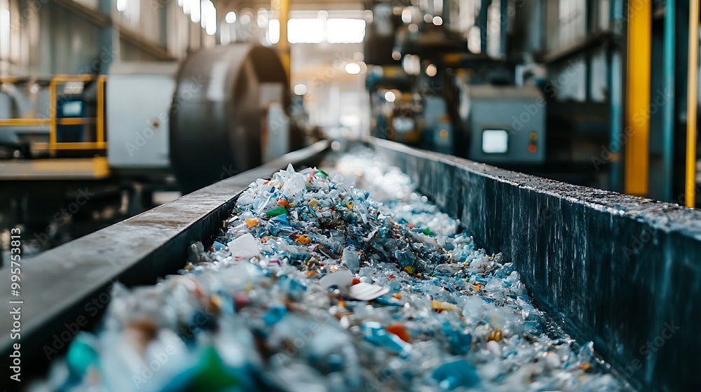 Close-up of shredded plastic waste being sorted on a conveyor belt in a recycling plant, with machines ready to process the material and space on the left for text, Close-up of shredded plastic waste being sorted on a conveyor belt in a recycling plant, with machines ready to process the material and space on the left for text,
