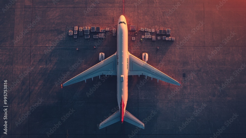 Aerial view of a plane parked on the tarmac, surrounded by ground support vehicles, under a vibrant sunset sky. Aerial view of a plane parked on the tarmac, surrounded by ground support vehicles, under a vibrant sunset sky.