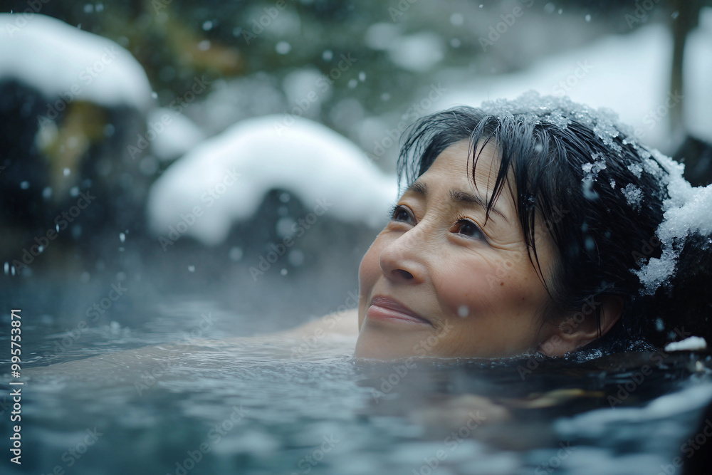 Fototapeta premium Serene moment in a winter resort hot spring, Geerative AI creation