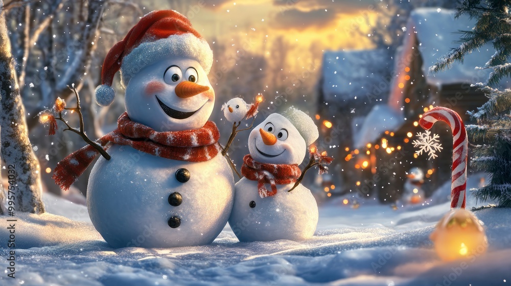 Obraz premium A Snowman Family Celebrating Christmas Day