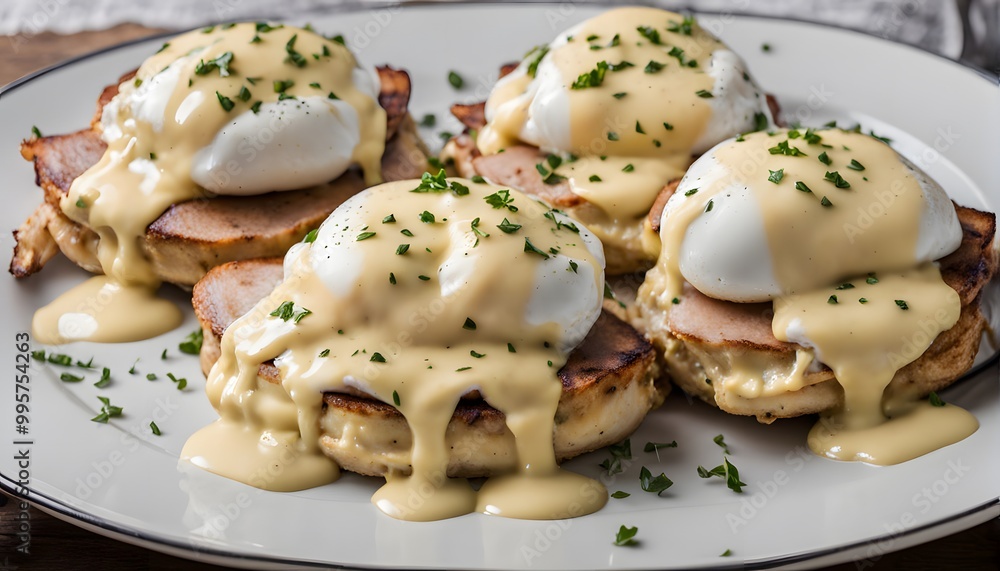 A plate of eggs benedict drizzled with hollandaise sauce, Ai Generated A plate of eggs benedict drizzled with hollandaise sauce, Ai Generated