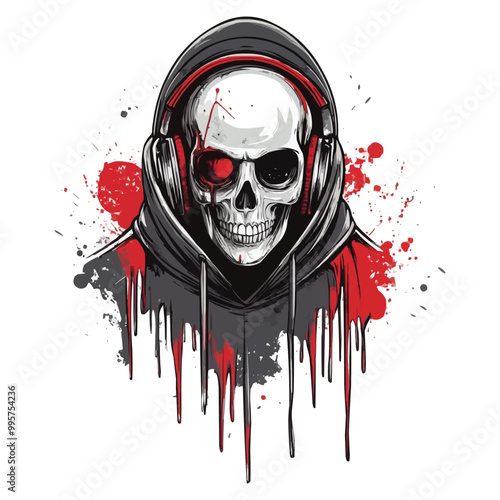 A vector t-shirt design od A skull wearing headphones and a hoodie with dripping