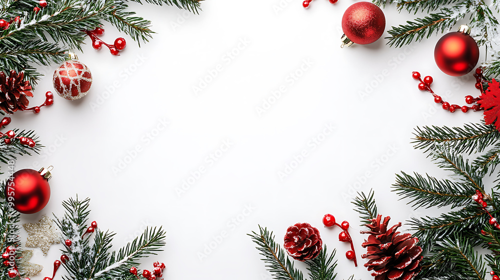 Christmas and New Year background. Fir tree branches, red and golden baubles on white background. Flat lay, top view, copy space Christmas and New Year background. Fir tree branches, red and golden baubles on white background. Flat lay, top view, copy space