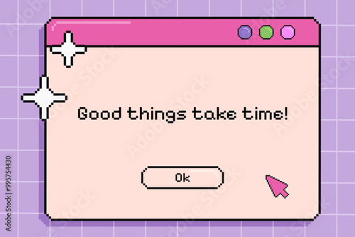 Retro pixel computer screen, vintage opened pc window, user interface with short cheering phrase on the grid pattern. Vector illustration.