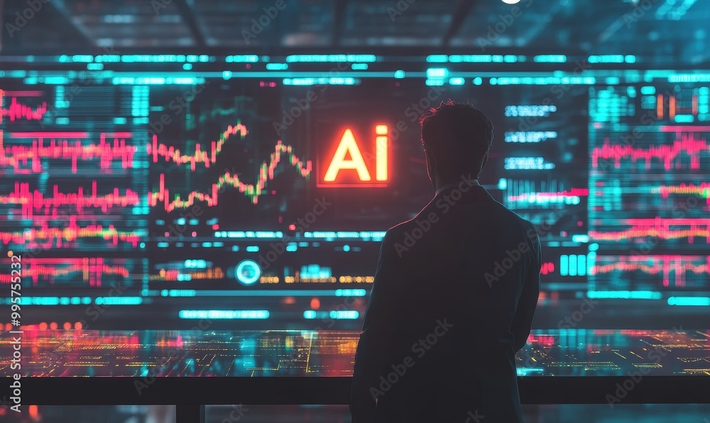 Man in suit, AI sign, data screens. Man in suit, AI sign, data screens.