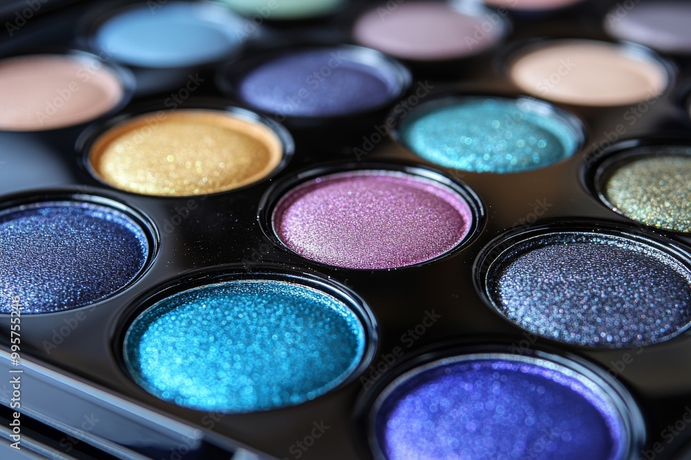 Close up of a shimmering colorful makeup palette with shades of blue purple and gold capturing a vibrant and artistic array of cosmetic pigments Close up of a shimmering colorful makeup palette with shades of blue purple and gold capturing a vibrant and artistic array of cosmetic pigments