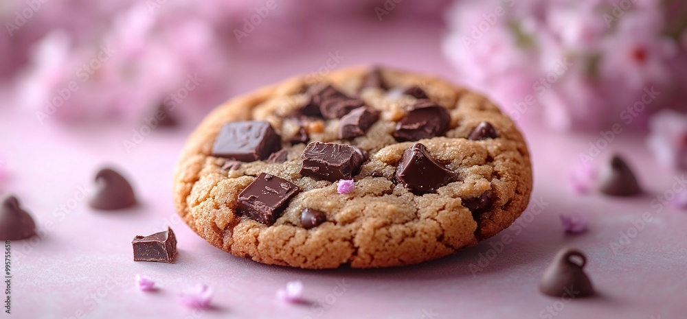 Close-up of a chocolate chip cookie on pink surface. Close-up of a chocolate chip cookie on pink surface.
