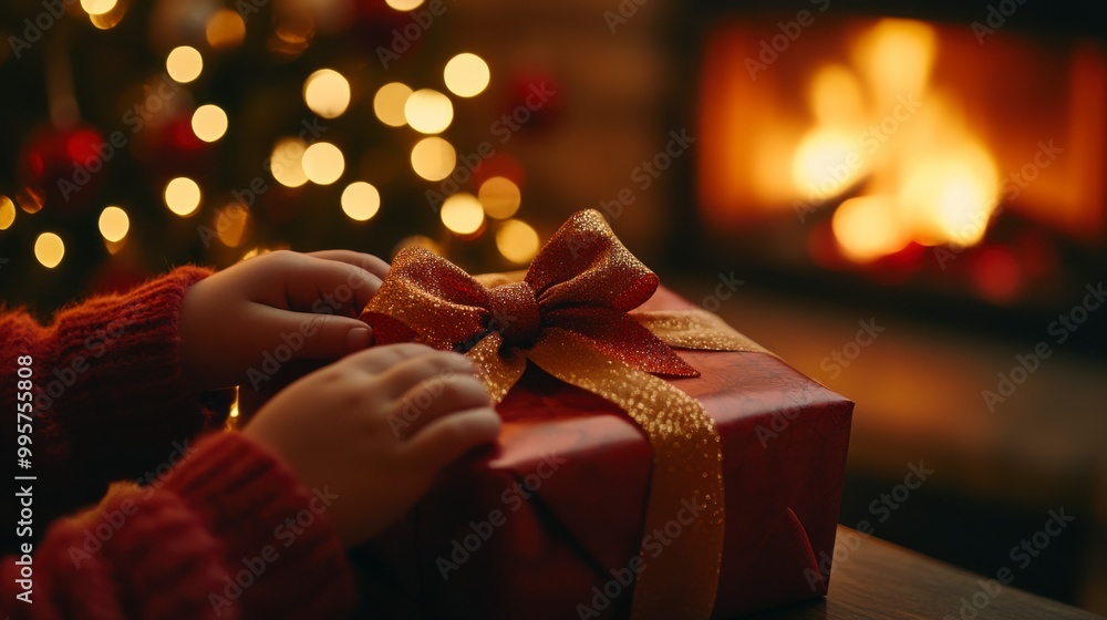 A cozy scene featuring a child's hands preparing a beautifully wrapped gift by a warm fireplace and festive Christmas lights. A cozy scene featuring a child's hands preparing a beautifully wrapped gift by a warm fireplace and festive Christmas lights.