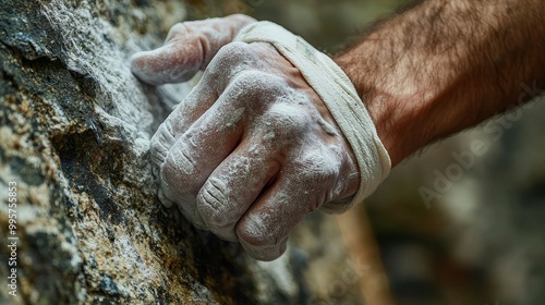 Climber's hand, taped and chalked, grips a rough rock surface, highlighting the gritty reality of rock climbing. photo