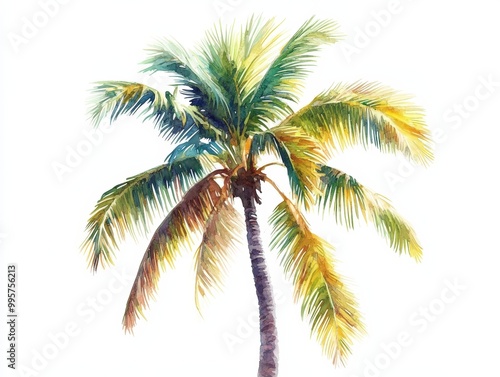 Elegant palm tree with vibrant green and yellow fronds, white isolate background.