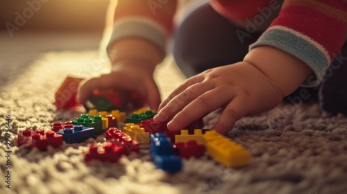 A child’s hand plays with colorful building blocks on a soft surface, engaging in creative play and learning through hands-on interaction.