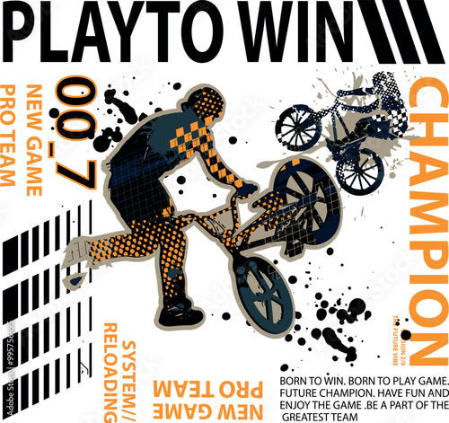 Typography urban style modern t-shirt with boy on bicycle BMX. Sport extreme style illustraton for guys.
