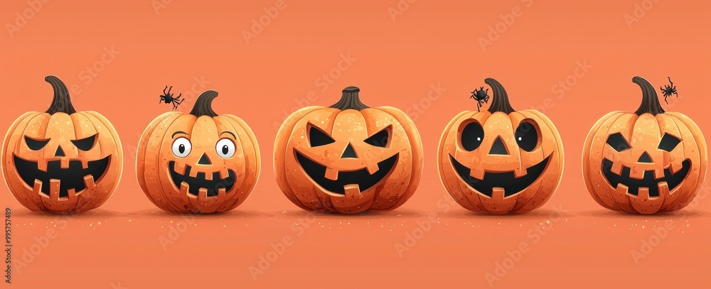 Jack-o-lantern pumpkins with flying bats and confetti on an orange background for Halloween Generative AI Jack-o-lantern pumpkins with flying bats and confetti on an orange background for Halloween Generative AI