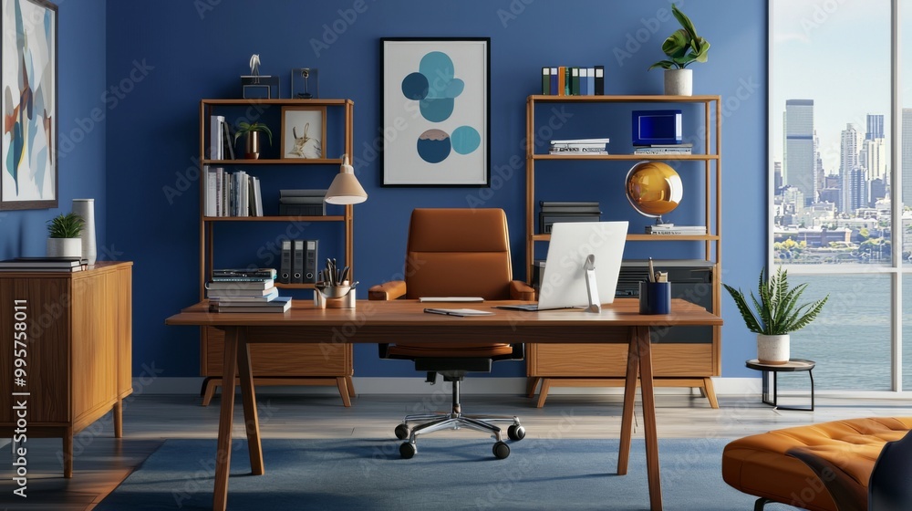Stylish home office setup, offering a convenient and comfortable workspace for remote work Stylish home office setup, offering a convenient and comfortable workspace for remote work