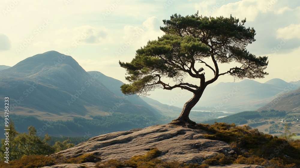 A solitary pine tree stands on a rocky outcrop overlooking a serene valley in the Scottish Highlands during the golden hour A solitary pine tree stands on a rocky outcrop overlooking a serene valley in the Scottish Highlands during the golden hour