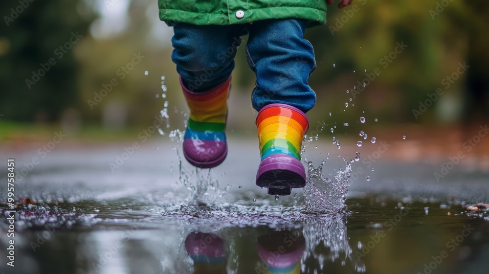 A child splashes in puddles wearing colorful rainbow boots on a rainy day, surrounded by lush greenery. A child splashes in puddles wearing colorful rainbow boots on a rainy day, surrounded by lush greenery.