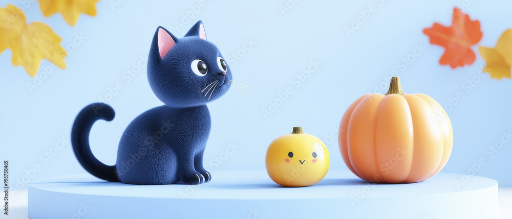 Fototapeta premium fondo de dibujos animados en 3d de un gatito adorable negro junto a calabazas amarillas y naranjas sobre fondo azul pastel. Concepto celebraciones de halloween