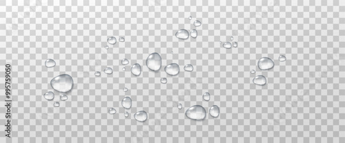Realistic vector water drops png on a transparent light background. Water condensation on the surface with light reflection and realistic shadow. 3d vector illustration