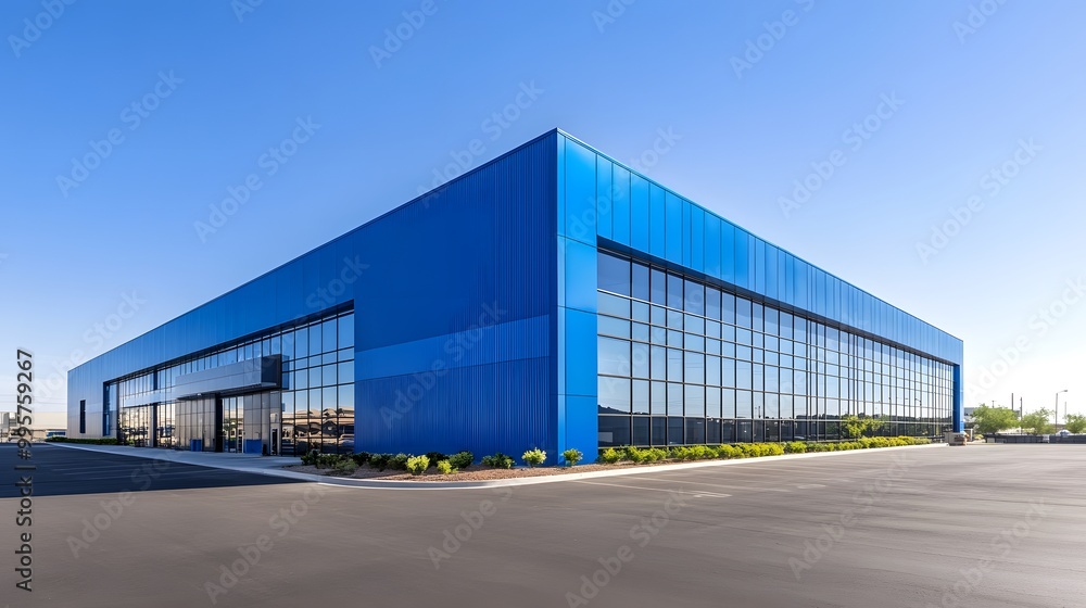 A modern warehouse with blue walls and a light gray roof, set against the backdrop of clear skies in an empty parking lot A modern warehouse with blue walls and a light gray roof, set against the backdrop of clear skies in an empty parking lot