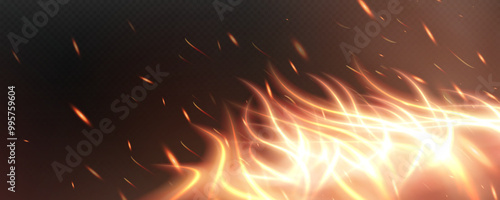 Burning hot sparks effect with embers burning ash and smoke flying in the air. Burning glowing particles. Flame of fire with sparks isolated on a black transparent background. Flame png.