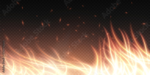 Burning hot sparks effect with embers burning ash and smoke flying in the air. Burning glowing particles. Flame of fire with sparks isolated on a black transparent background. Flame png.