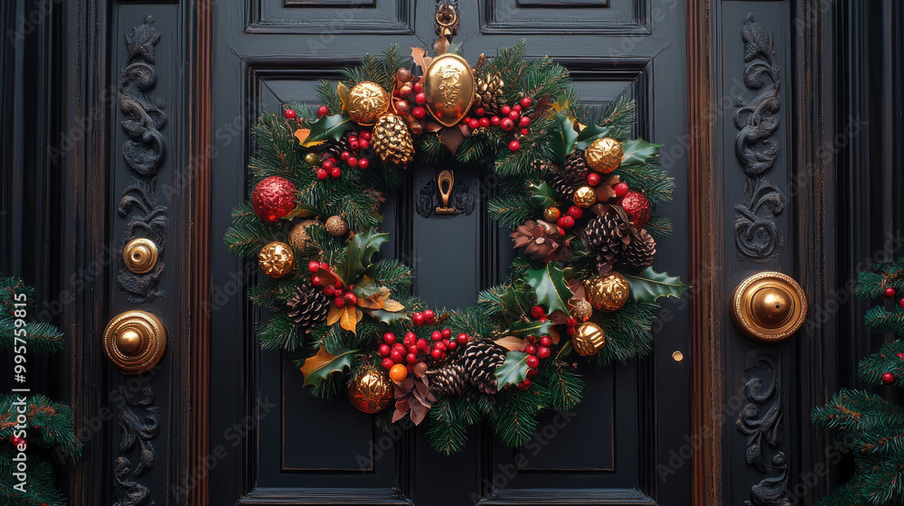 A festive Christmas wreath crafted from greenery and adorned with shiny ornaments and pinecones is displayed on a black front door A festive Christmas wreath crafted from greenery and adorned with shiny ornaments and pinecones is displayed on a black front door