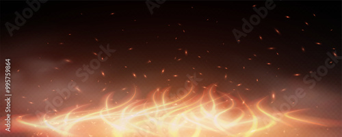 Burning hot sparks effect with embers burning ash and smoke flying in the air. Burning glowing particles. Flame of fire with sparks isolated on a black transparent background. Flame png.