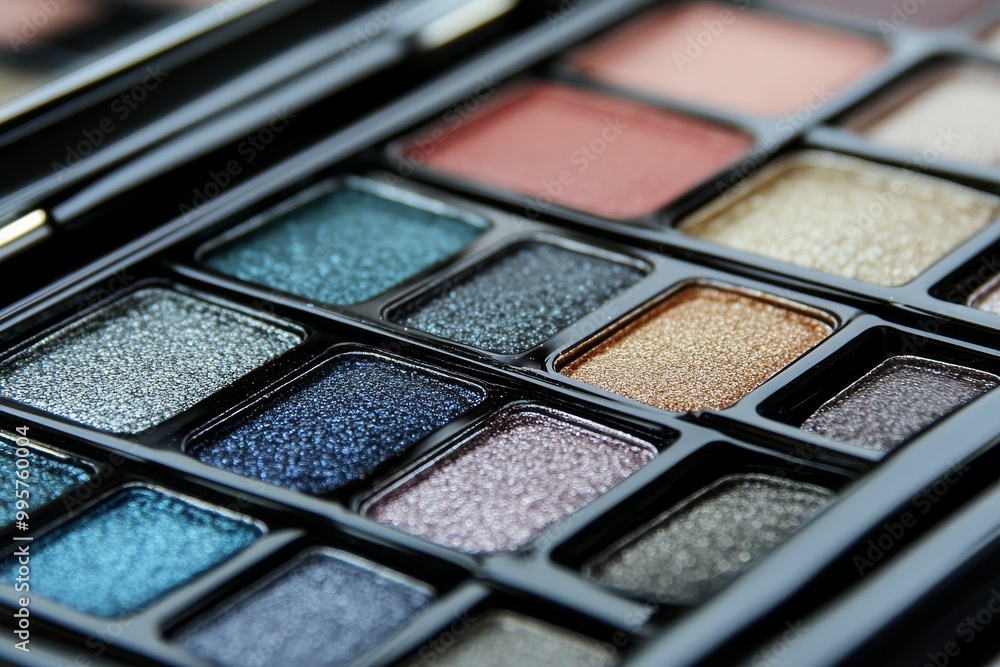 Professional eyeshadow palette with metallic shades of silver blue and grey arranged in rectangular pans for sleek and elegant beauty looks Professional eyeshadow palette with metallic shades of silver blue and grey arranged in rectangular pans for sleek and elegant beauty looks